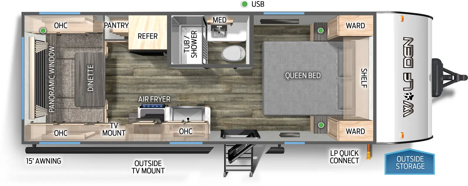 The 20RDSE has no slide outs and one entry door. Exterior features outside storage, LP quick connect, outside TV mount, and 15 foot awning. Interior layout front to back: foot-facing queen bed with shelf above, and wardrobes on each side; off-door side aisle full bathroom with medicine cabinet; door side entry, kitchen countertop with sink, overhead cabinet, air fryer, and TV mount; off-door side refrigerator and pantry; rear dinette with overhead cabinets and panoramic window.